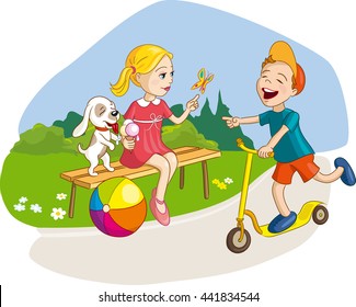 Girl, boy and dog having fun, summer vacation in park with ice-cream and scooter. Vector illustration for kids, children