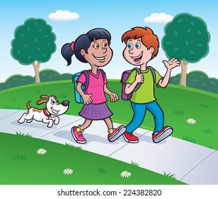 Girl, Boy and Dog Walking Home From School