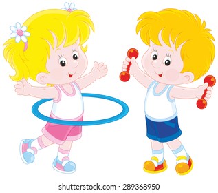 Girl and boy doing gymnastic exercises