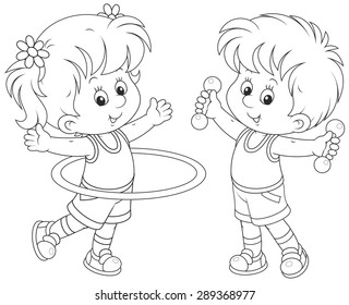 Girl and boy doing gymnastic exercises