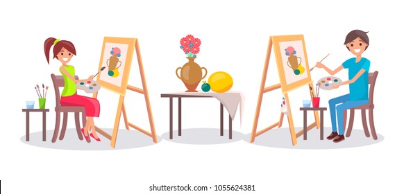 Girl and boy drawing still life picture of vase and fruits with brushes holding palette in hands vector illustration isolated on white background