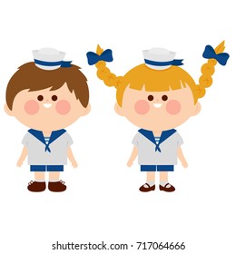 A girl and a boy dressed in nautical sailor outfits. Vector illustration