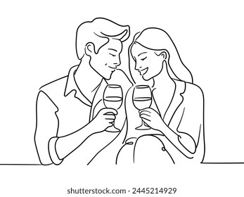 Girl and boy drink wine continuous line art drawing isolated on white background. Friendship line art drawing. Vector illustration