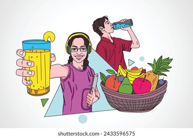 Girl and Boy drinking juice, fruit basket vector, A Boy drinking water, vector set of people drinking, fruit basket, Color illustration.