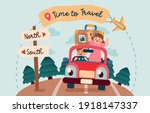 Girl And Boy Driving Car To Travel From North To South, Vector, Illustration