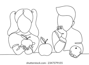 Niña y niño comen manzanas. Buena fruta sabrosa. Día Internacional De La Manzana. Un dibujo de línea para diferentes usos. Ilustración vectorial.