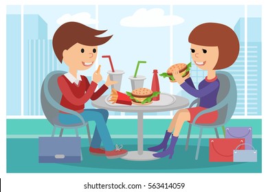 Girl and boy eating fast food. Vector illustration of a people at table with sandwiches drinks.