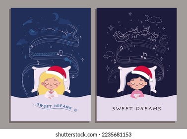 Girl and boy fall asleep, dream, listen to music. The child lies in bed under a soft blanket and sleeps a healthy sleep. Children's Christmas song for a child. Night of Santa. Vector illustration.