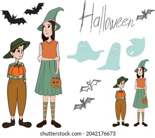 
A girl and a boy in festive costumes are going to collect candy. A boy is holding a pumpkin in his hands, a girl is holding a bucket for sweets. Icons of ghosts and bats. Halloween. Vector