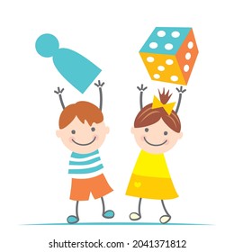 Girl and boy with figurine and dice, color vector illustration on white background