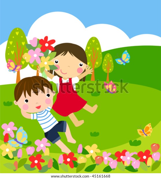 Girl Boy Flowers Stock Vector (Royalty Free) 45161668