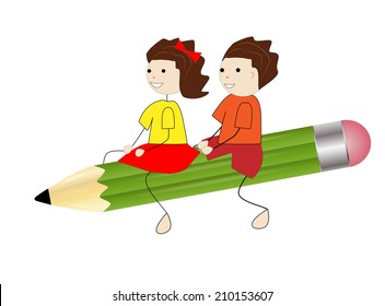 girl and boy fly on a pencil,vector illustration