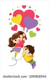 Girl and boy flying on heart shaped balloons, Valentines day concept. Vector illustration