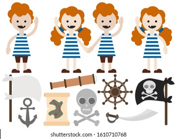 girl and boy with freckles, with red curly hair in striped clothes. Marine, sailor, pirate attributes. Sailors, pirates.
