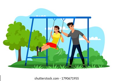 Girl boy friend having fun on swing in park. Young loving couple character swinging. Teenager girlfriend boyfriend rest on nature. Outdoor funny time and recreation. Vector active teens on fresh air