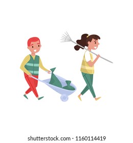 Girl and boy gathering garbage and plastic waste for recycling, environmental protection and education concept vector Illustration on a white background