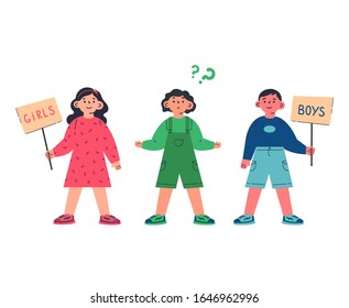 Girl, Boy And Gender Neutral Child Standing Together.Gender Neutrality.