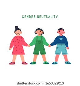 Girl, boy and gender neutral child holding hands.Gender neutrality.Blu,pink,green colour.Break the binary concept.No discrimination.Cartoon character on white background.Colorful vector illustration