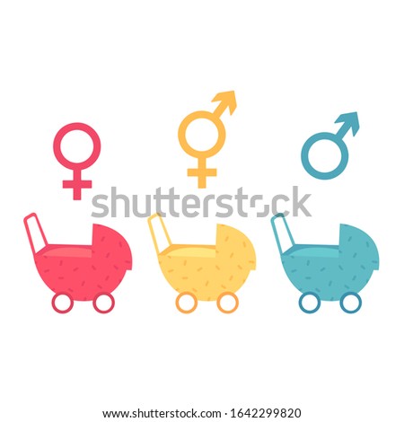 Girl, boy and gender neutral child baby carriage with signs.Gender neutrality.Blu,pink,yellow colour.Break the binary concept.Cartoon character on white background.Colorful vector illustration