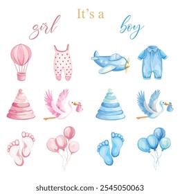 It's a girl or boy gender party design with pink and blue elements, newborn clothes, and toys, perfect for celebration invitations.