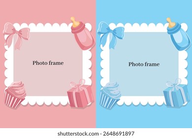 It's a girl It's a boy gender reveal photo frame with cute pink and blue decorations for baby shower or announcement