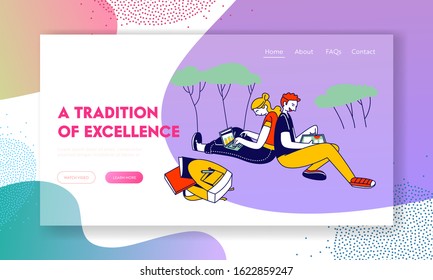 Girl and Boy Get Education in University Website Landing Page. Students with Gadget and Books Sitting on Grass at College Yard Background Web Page Banner. Cartoon Flat Vector Illustration, Line Art