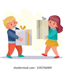 girl and boy give each other gifts in boxes with bows, joy, surprise, fun, vector illustration