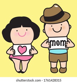 Girl And Boy Give Love Heart Card To Mom Concept Card Character illustration