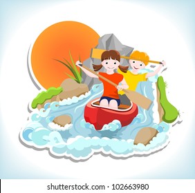 girl and boy go down the river on a canoe