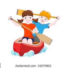 girl and boy go down the river on a canoe, isolated on white background, vector illustration