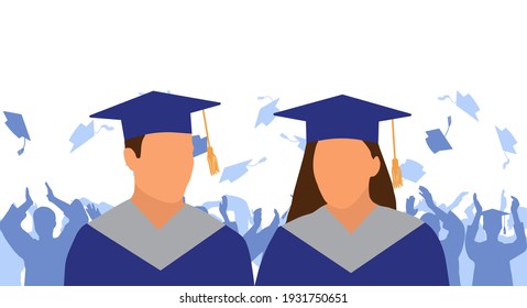 Girl and boy graduate in mantle and academic square cap on background of cheerful crowd of graduates throwing their academic square caps. Graduation ceremony. Vector illustration