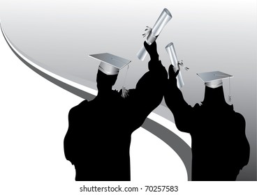 Girl and boy graduate with mortar and certificate on path to success.Gradients used only