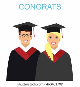 Girl and boy graduates in gowns