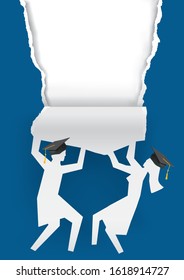 
Girl and boy graduates, torn blue paper background. 
Illustration of two students paper silhouettes with mortarboard ripped paper. Template for announcement of graduations. Vector available.