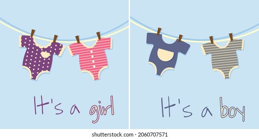 It's a girl, it's a boy. Greeting for a newborn baby. Bodysuits hanging on the rope. Graphic design.