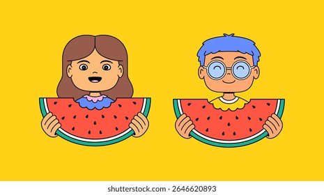 Girl and a boy happily holding large slices of watermelon in playful cartoon style make it perfect for summer themes, children's content, or healthy eating campaigns