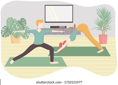 Girl and boy happy couple do exercises together at home. Partner sport indoors. Yoga practice on mat, do relaxing asana poses. Improving mental health and gain harmony. Stay home family activities.