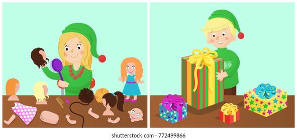 Girl and boy happy with presents, doll and parts of body, toys of children wearing green costumes, vector illustration isolated on blue background