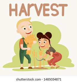 A girl and a boy are harvesting cereals. The boy holds a sheaf of wheat, the girl reaps ripe ears with the help of a sickle. Harvest. Farming and agriculture. People doing farming job. Vector 