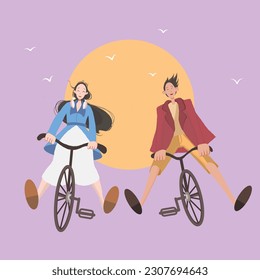 A girl and a boy are having fun riding bicycles, couple, flat vector illustration