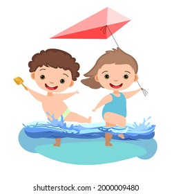 Chicas y muchachos se están divirtiendo y salpicando agua. Natación, submarinismo y deportes náuticos. Piscina o playa. Aislado sobre fondo blanco. Ilustración al estilo de las caricaturas. Diseño plano. Arte vectorial