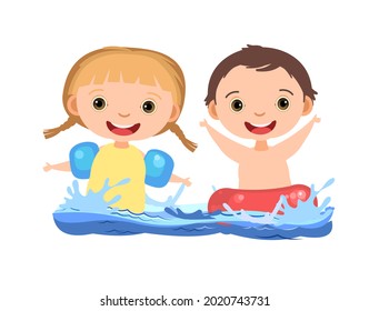 Girl and boy are having fun and splashing in water. Swimming, diving and water sports. Pool or beach. Isolated on white background. Illustration in cartoon style. Flat design. Vector art