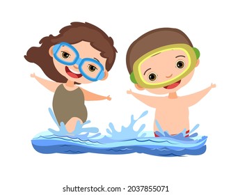 Girl and boy are having fun and splashing in water. Swimming, diving and water sports. Pool or beach. Isolated on white background. Isolated illustration in cartoon style. Flat design. Vector art.