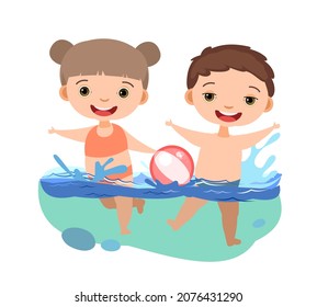 Girl and boy are having fun and splashing in water. Swimming, diving and water sports. Pool or beach. Isolated on white background. Isolated illustration in cartoon style. Flat design. Vector art.