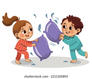 A girl and a boy are having a pillow fight. Vector illustration.