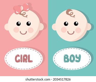 Girl and Boy heads vector illustrations. Baby boy and baby girl cute faces isolated design elements. New born baby gender reveal. Boy or Girl.