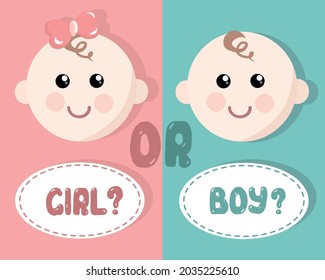 Girl and Boy heads vector illustrations. Baby boy and baby girl cute faces isolated design elements. New born baby gender reveal. Boy or Girl.