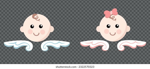 Girl and Boy heads vector illustrations. Baby boy and baby girl cute faces as angels with wings icons isolated design elements on transparent background. New born baby gender reveal. Boy or Girl.