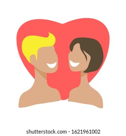 Girl and boy with heart isolated on white background. Valentines Day vector illustration. Flat design elements for greeting card, sticker, leaflet, booklet.