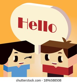 girl and boy hello speech bubble, isometric style vector illustration